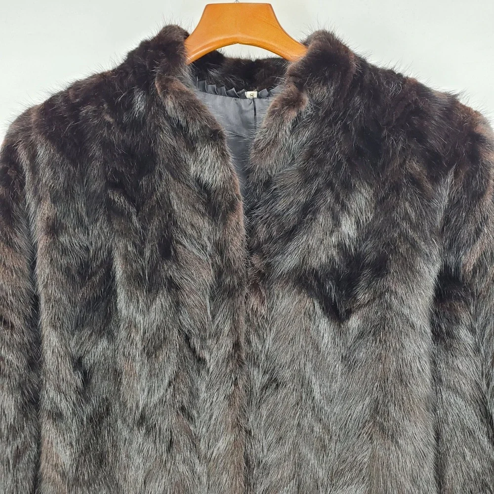 Vintage Bemberg Jacquard Fur Jacket Brown Chevron S Mob Wife Old Money Luxury